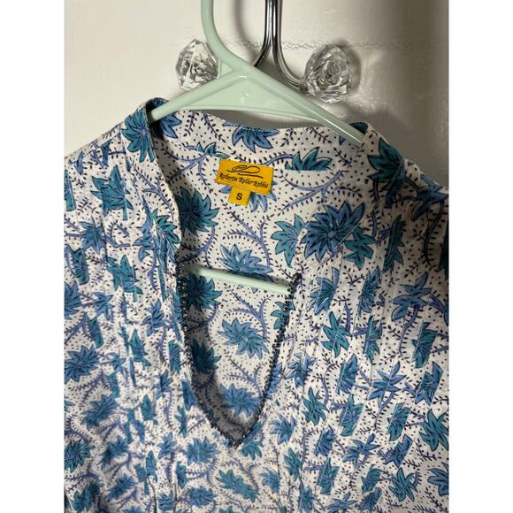Roberta Roller Rabbit Block Print Blue Floral Cotton Tunic Top Blouse Small - Picture 5 of 10